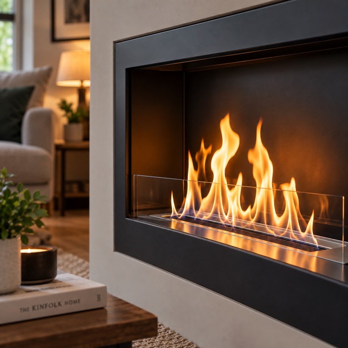 Built-in bioethanol fire in a contemporary feature wall