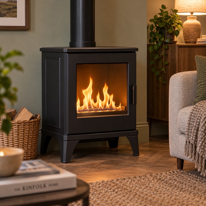 Freestanding bioethanol stove in a living room without a chimney