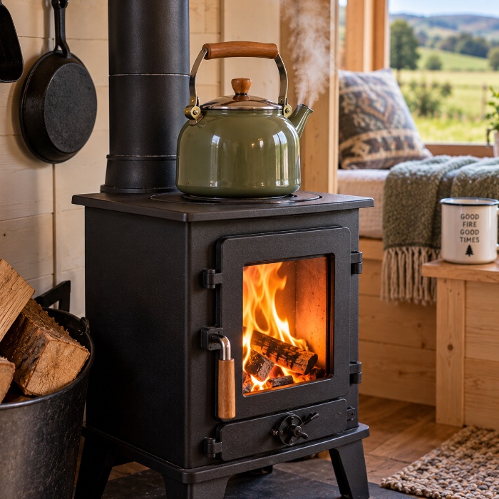 Kettle on a small glamping stove cooktop