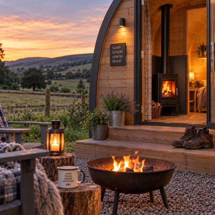 Heat-shielded glamping stove in a timber cabin