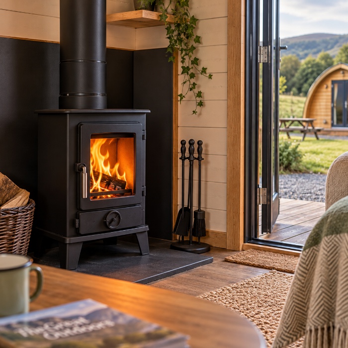 Small wood burning stove in a shepherd&rsquo;s hut
