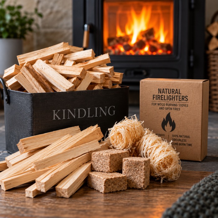 Kindling and firelighters for a wood burning stove / Kiln-dried logs for a log burner