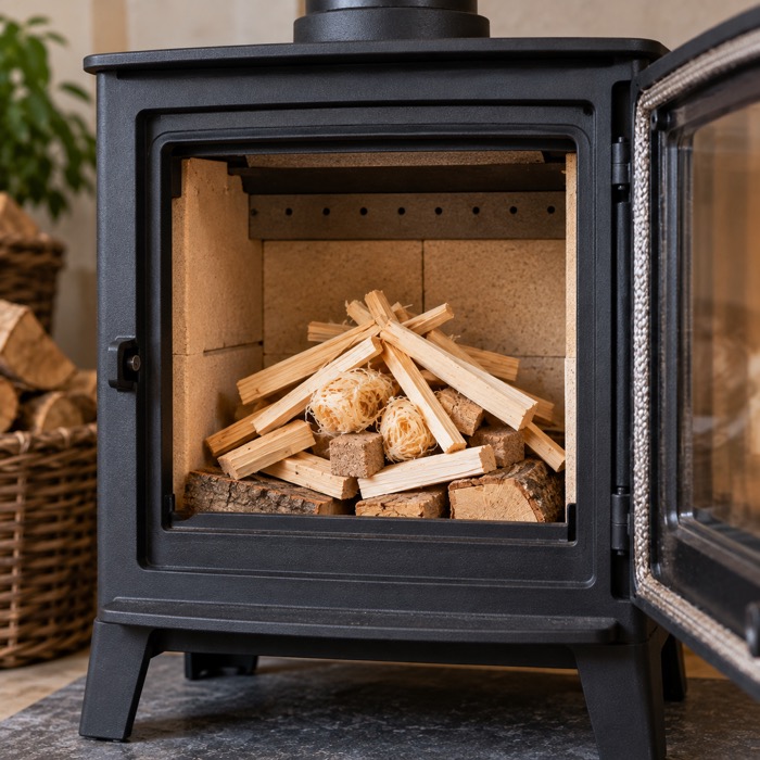 Stove prepared and ready to light with kindling and firelighters